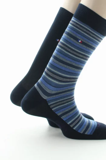 Lot deux paires rayée et unie marine en coton peignés. Petit drapeau français sur la tige. Fabrication Française par Perrin 1924.