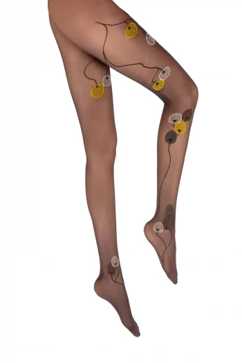 Collants 30D prune et jaune La Monnaie du Pape. Collants semi-transparents. De la marque Berthe aux grands pieds. Fabrication française!