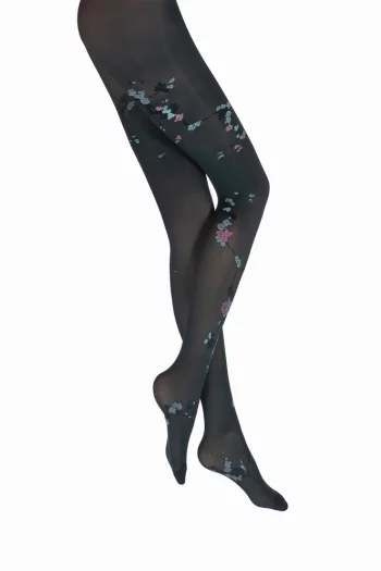 Collants 40D bleu pétrole chiné noir au motif d'un arbre Sakura turquoise . De la marque Berthe Aux Grands Pieds. Fabrication exclusivement française.