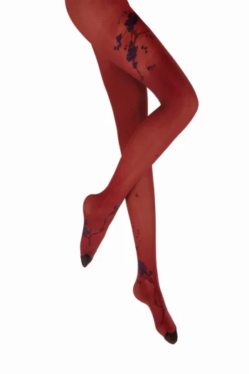 Collants 40D rouge chiné noir au motif d'un arbre Sakura bleu marine. De la marque Berthe Aux Grands Pieds. Fabrication exclusivement française.