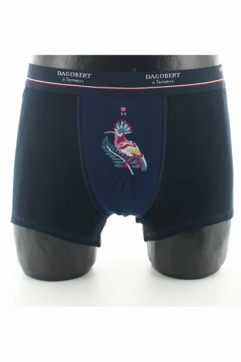 Boxer en coton aux motifs d'un colibri bleu amiral, de la marque Dagobert à l'envers. Fabrication exclusivement Française.