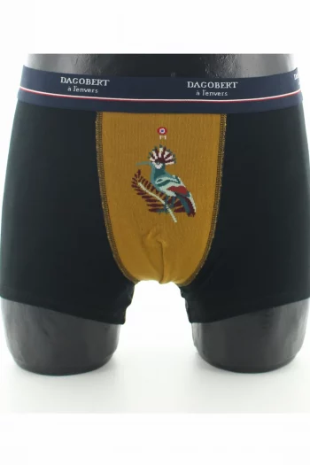 Boxer en coton aux motifs d'un colibri jaune moutarde, de la marque Dagobert à l'envers. Fabrication exclusivement Française.