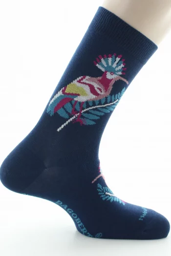 Chaussettes fantaisies Colibri Bleu Amiral en coton d'Egypte de chez Dagobert à l'envers pour. Bord souple, renfort pointe et talon. Made in France.
