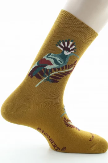 Chaussettes fantaisies Colibri Moutarde en coton d'Egypte de chez Dagobert à l'envers pour. Bord souple, renfort pointe et talon. Made in France.