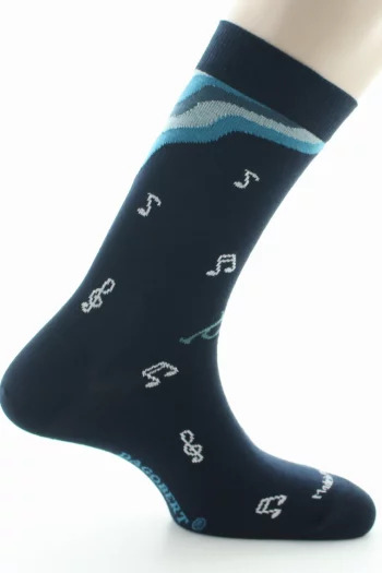 Chaussettes fantaisies Musique Bleu en coton d'Egypte de chez Dagobert à l'envers pour. Bord souple, renfort pointe et talon. Made in France.