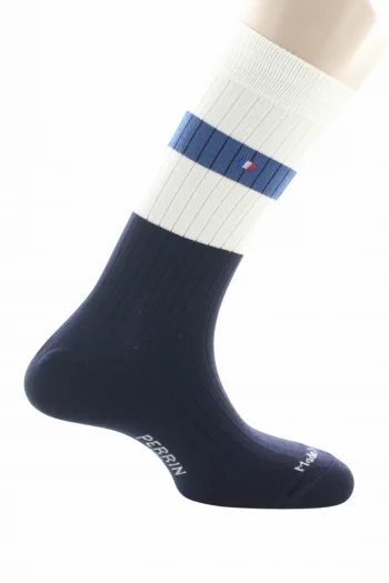 Chaussettes à côtes pour homme en laine Perrin bleu. De La Manufacture Perrin 1924. Existe en 2 coloris. Fabrication exclusivement française.