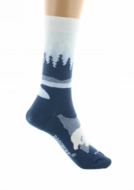 Chaussettes fantaisies Forêt bleu en coton d'Egypte de chez Dagobert à l'envers pour. Bord souple, renfort pointe et talon. Made in France.