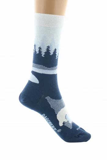 Chaussettes fantaisies Forêt bleu en coton d'Egypte de chez Dagobert à l'envers pour. Bord souple, renfort pointe et talon. Made in France.
