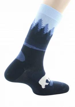 Chaussettes fantaisies Forêt bleu foncé en coton d'Egypte de chez Dagobert à l'envers pour. Bord souple, renfort pointe et talon. Made in France.
