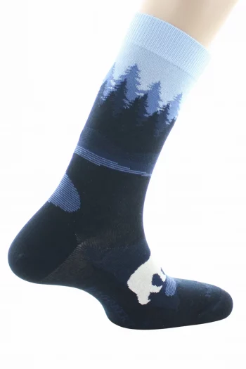 Chaussettes fantaisies Forêt bleu foncé en coton d'Egypte de chez Dagobert à l'envers pour. Bord souple, renfort pointe et talon. Made in France.