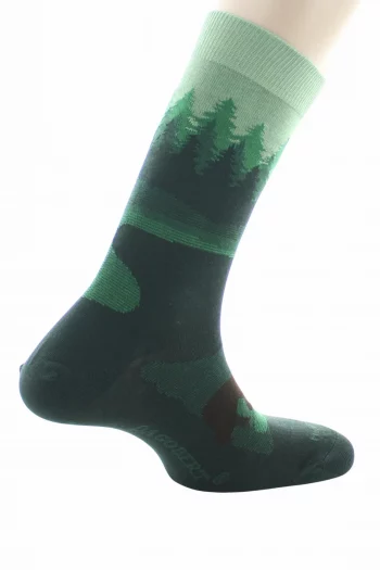 Chaussettes fantaisies Forêt Vert en coton d'Egypte de chez Dagobert à l'envers pour. Bord souple, renfort pointe et talon. Made in France.