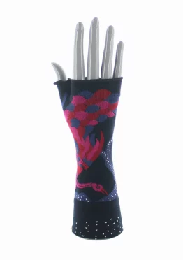 Mitaines en coton le Paon, bleu, rouge et fuchsia,, finitions main. Une création Berthe Aux Grands Pieds. Fabrication exclusivement Française.