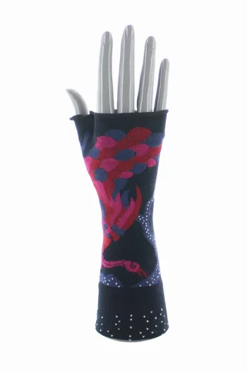 Mitaines en coton le Paon, bleu, rouge et fuchsia,, finitions main. Une création Berthe Aux Grands Pieds. Fabrication exclusivement Française.