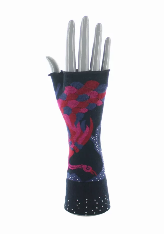 Mitaines en coton le Paon, bleu, rouge et fuchsia,, finitions main. Une création Berthe Aux Grands Pieds. Fabrication exclusivement Française.