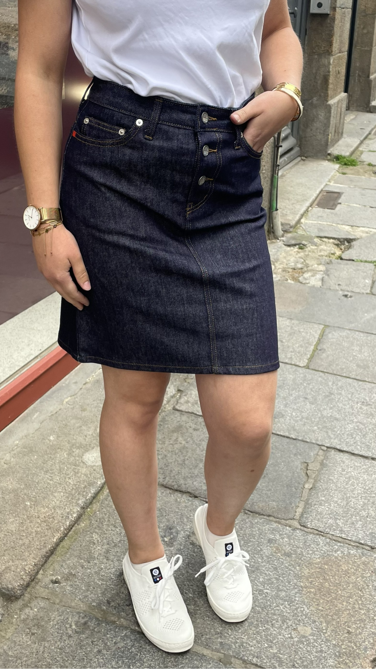 Jupe 1083 - 291H taille haute Droite superdenim flex indigo brut. Se patine avec le temps. Fabrication Exclusivement Française