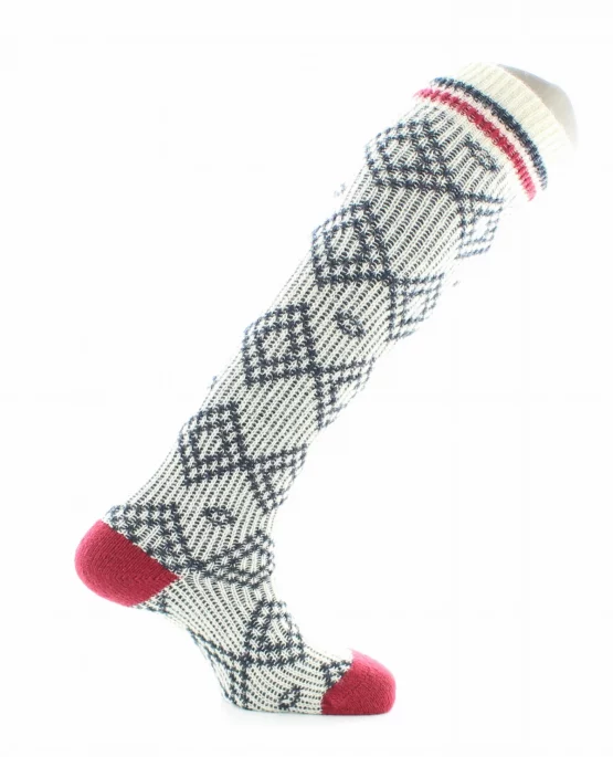 Chaussettes Hautes Jacquard en laine Baby Alpaga Blanc. Douce et chaudes. Existe en bleu marine. Fabrication exclusivement française.