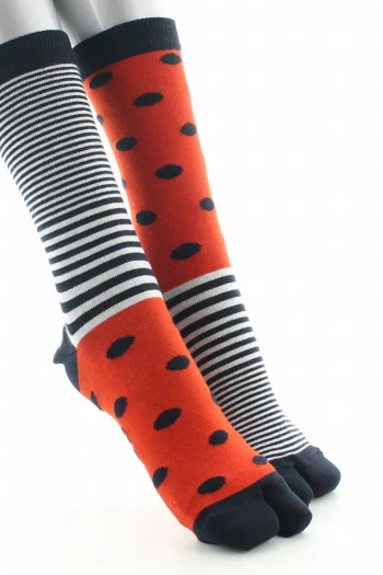 Chaussettes à doigts tabi pois et rayures. Un modèle en coton. De la marque Berthe Aux Grands Pieds. Une Fabrication 100% française.