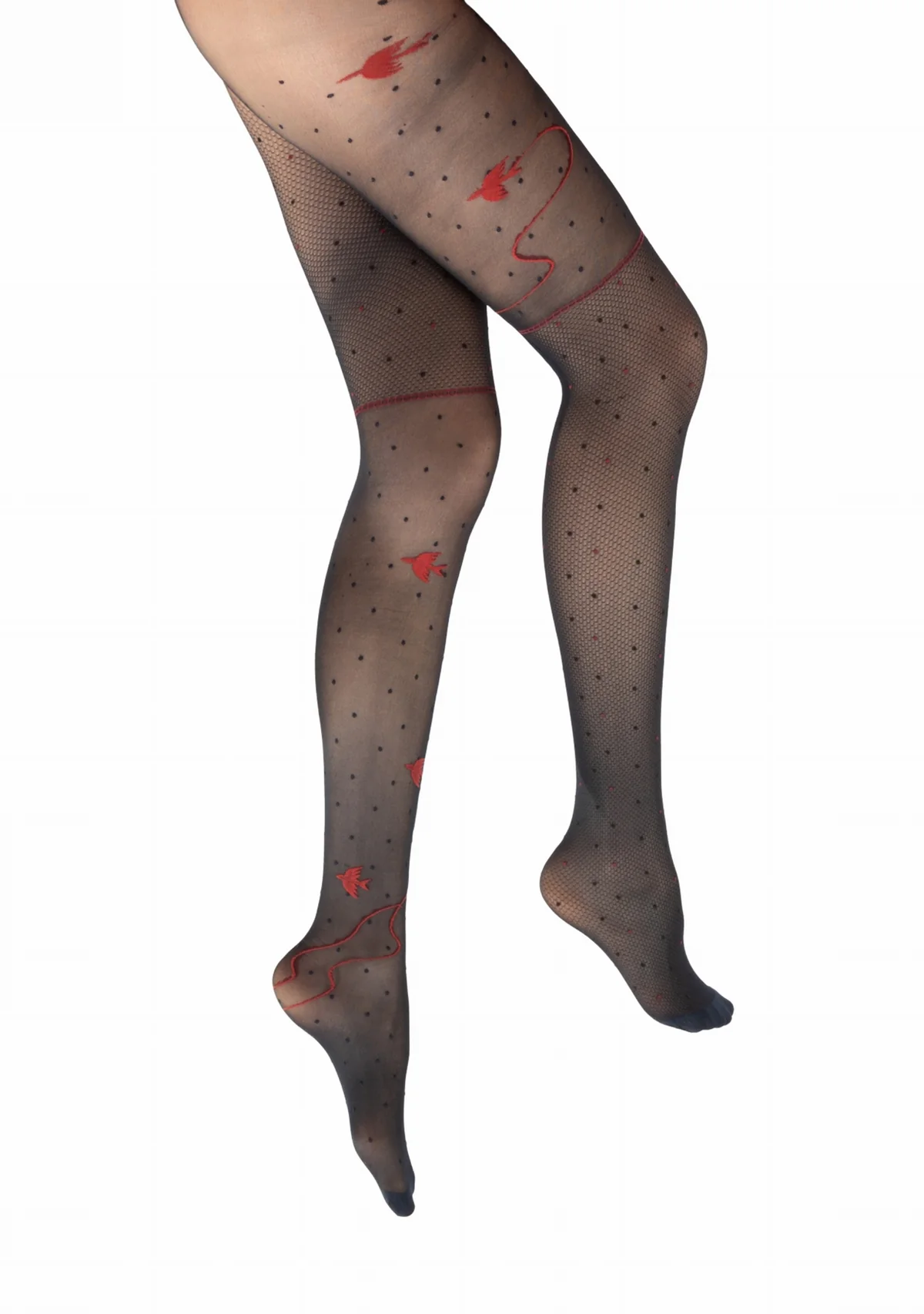 Collants 30D Oiseau Résille Marine Rouge. Collants semi-transparents. De la marque Berthe aux grands pieds. Fabrication française!