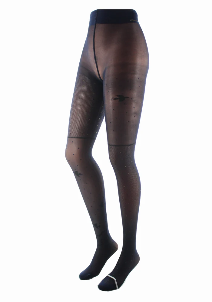 Collants 30D Oiseau Résille Marine Noir. Collants semi-transparents. De la marque Berthe aux grands pieds. Fabrication française!