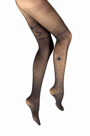 Collants 30D Oiseaux Résille Noir Marine. Collants semi-transparents. De la marque Berthe aux grands pieds. Fabrication française