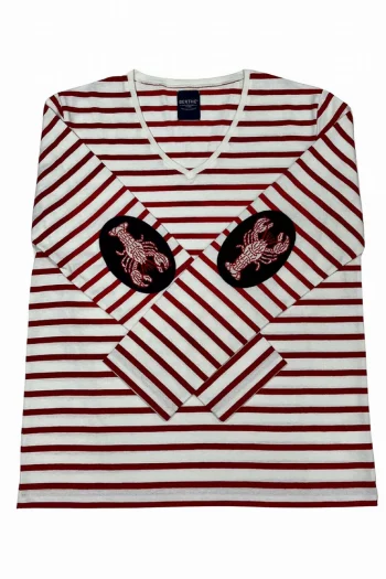 Marinière rouge Homard col V en coton. Coudières fantaisie. Rayures rouges sur fond blanc. Berthe aux Grands Pieds, Fabrication Française !