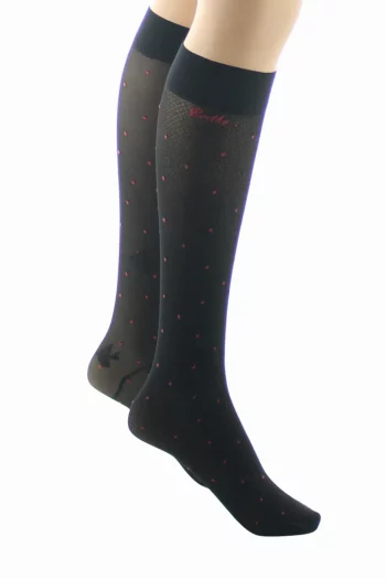 Mi-Bas 30D Oiseau Résille Noir Rouge. En lycra 30 deniers. De la marque Berthe Aux Grands Pieds. Un produit fabriqué exclusivement en France .