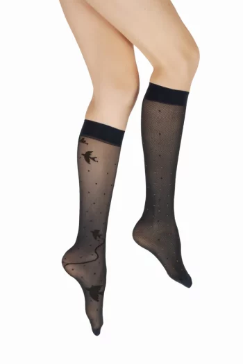 Mi-Bas 30D Oiseaux Résille Marine Noir Kaki. En lycra 30 deniers. De la marque Berthe Aux Grands Pieds. Un produit fabriqué exclusivement en France .
