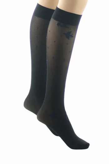 Mi-Bas 30D Oiseaux Résille Noir Marine . En lycra 30 deniers. De la marque Berthe Aux Grands Pieds. Un produit fabriqué exclusivement en France .