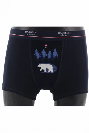 Boxer en coton aux motifs de forêt bleu, de la marque Dagobert à l'envers. Fabrication exclusivement Française par Lemahieu près de Lille.