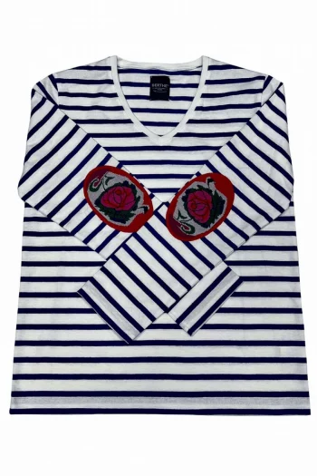 Marinière Femme La Rose col V en coton. Coudières fantaisie. Rayures bleu électrique sur fond blanc. Berthe aux Grands Pieds, Fabrication Française !
